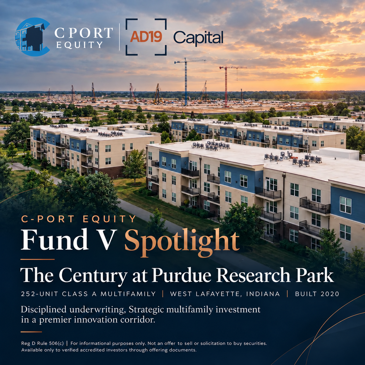 C-Port Equity and AD19 Capital Fund V spotlight: The Century at Purdue Research Park at sunset